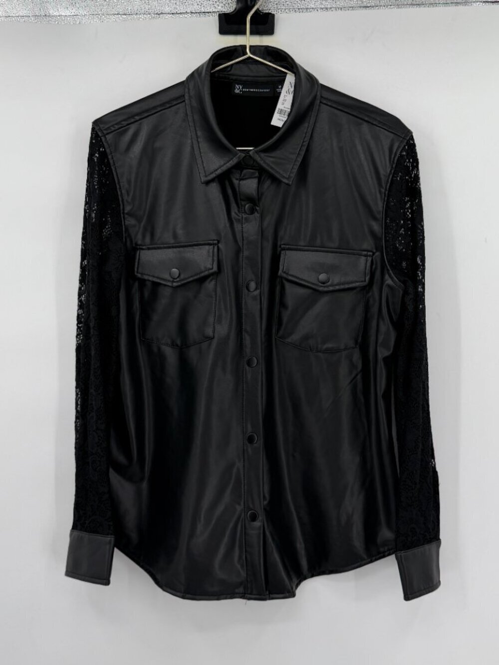 NY & Co Faux Leather Lace Sleeve Button Down Top Black Medium NWT